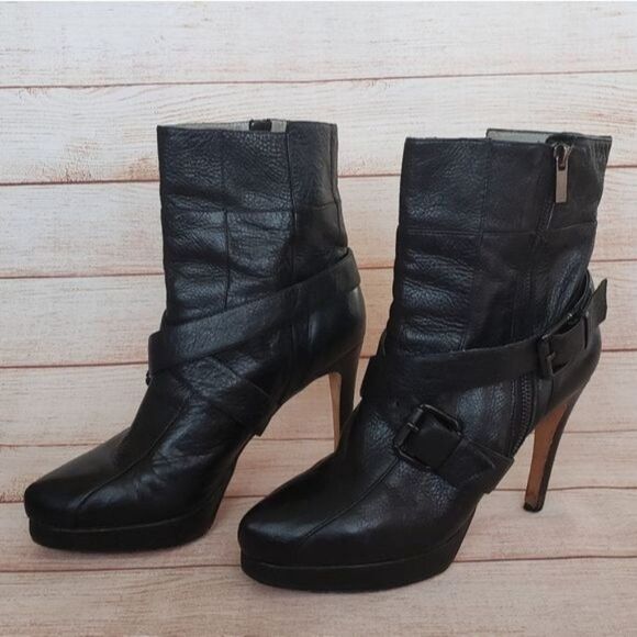 Geren Ford Edie Leather Buckle Strap Side Zipper Platform Stiletto Booties Ankle - Picture 5 of 13